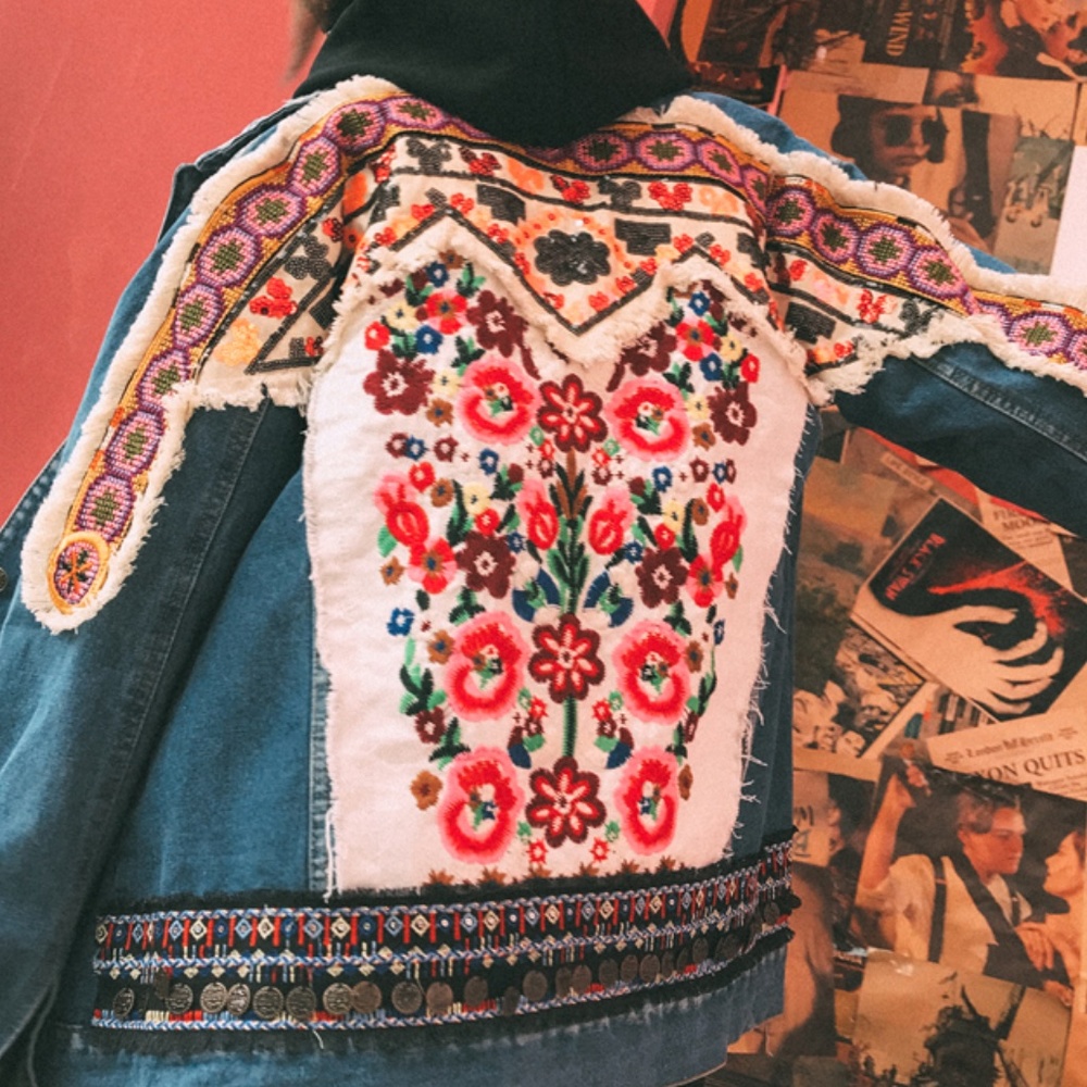 Boho Denim Blue Floral Embroidered Jean Jacket - Picture 13 of 14